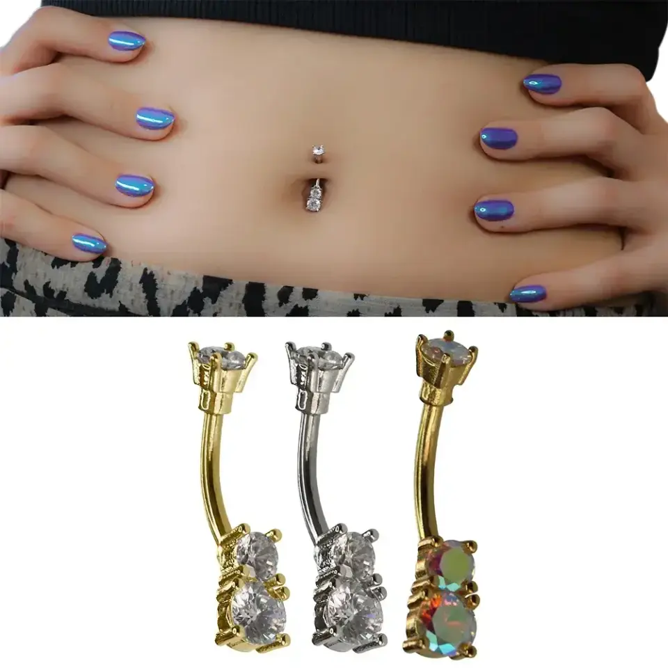 Üçlü Parıltı Serisi 316L Cerrahi Çelik Göbek Piercing Gümüş Altın ve Gökkuşağı Seçenekleri