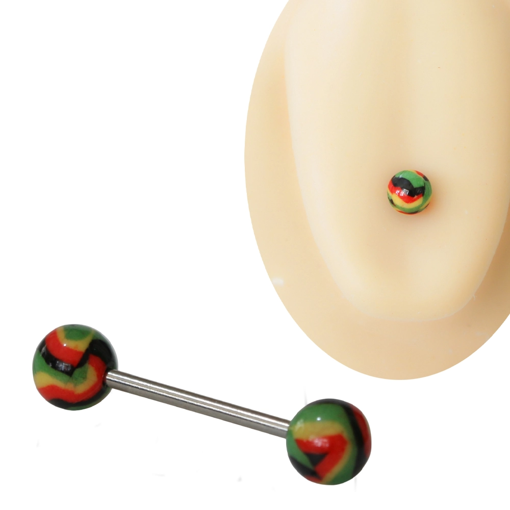 Rasta desenli kırmızı sarı yeşil toplu cerrahi çelik dil piercingi 1.6mm 16mm