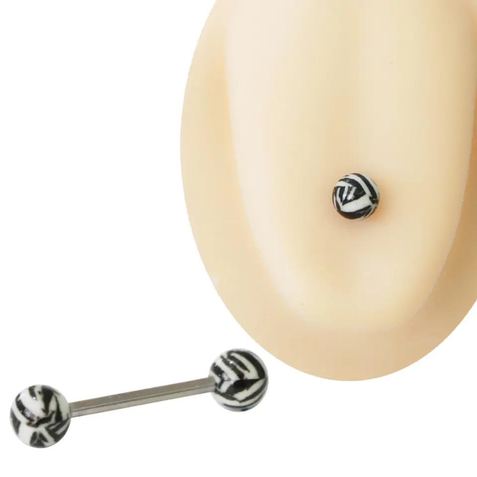 Zebra desenli siyah beyaz toplu 1,6 mm cerrahi çelik bar dil piercingi