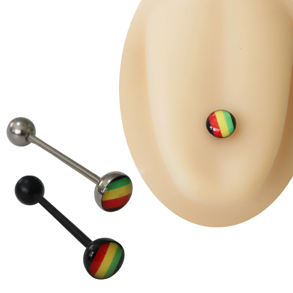 Rasta renkli toplu cerrahi çelik ve siyah biyoplast bar seçenekli 1,6 mm 20 mm dil piercingi