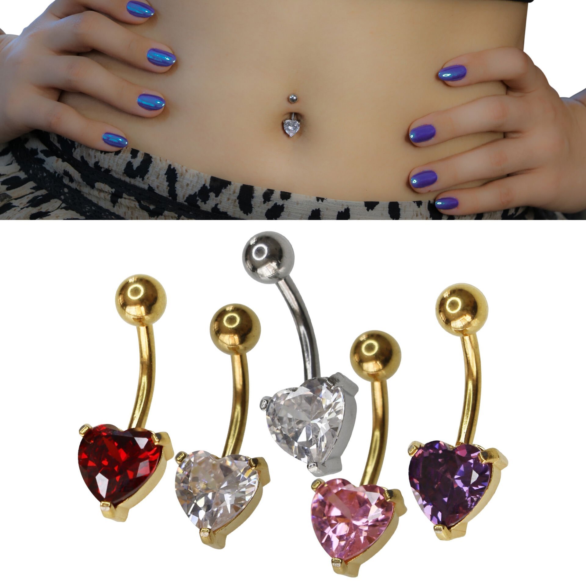 Kalp Zirkon Çelik Göbek Piercing | Çelik & Gold Seçenekli