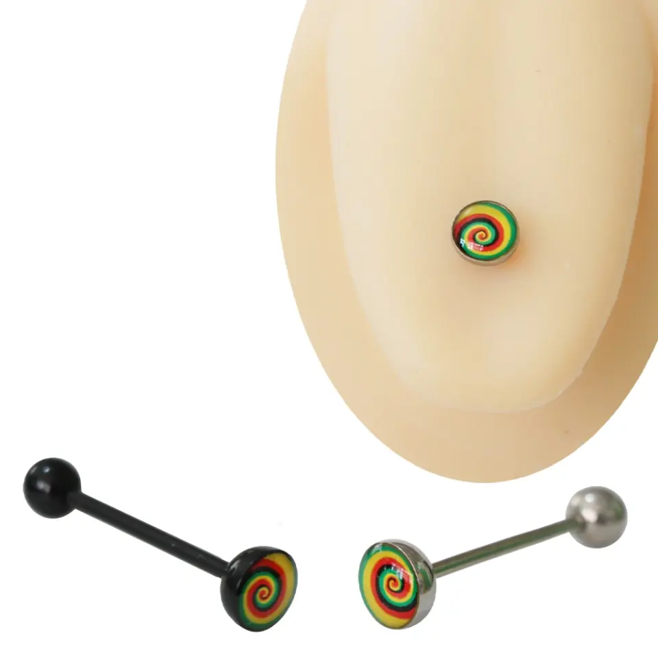 Spiral rasta motifli cerrahi çelik ve siyah biyoplast bar seçenekli 1,6 mm 20 mm dil piercingi