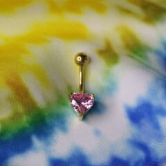 Kalp Zirkon Çelik Göbek Piercing | Çelik & Gold Seçenekli Kalp Pembe Zirkon Gold Çelik Göbek Piercing