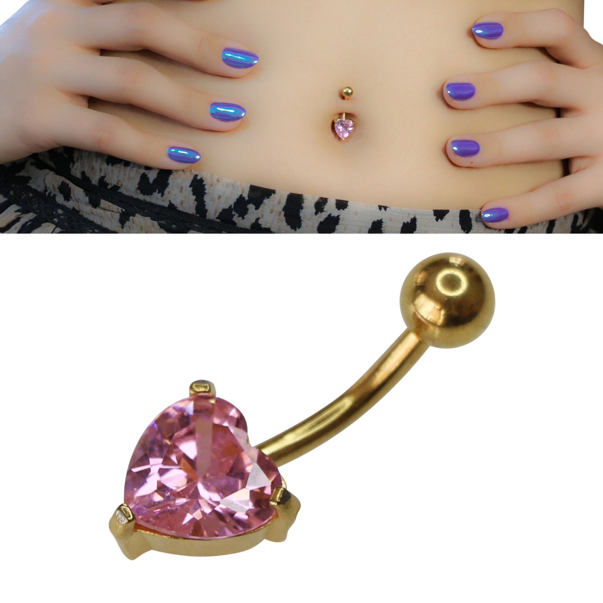 Kalp Zirkon Çelik Göbek Piercing | Çelik & Gold Seçenekli Kalp Pembe Zirkon Gold Çelik Göbek Piercing