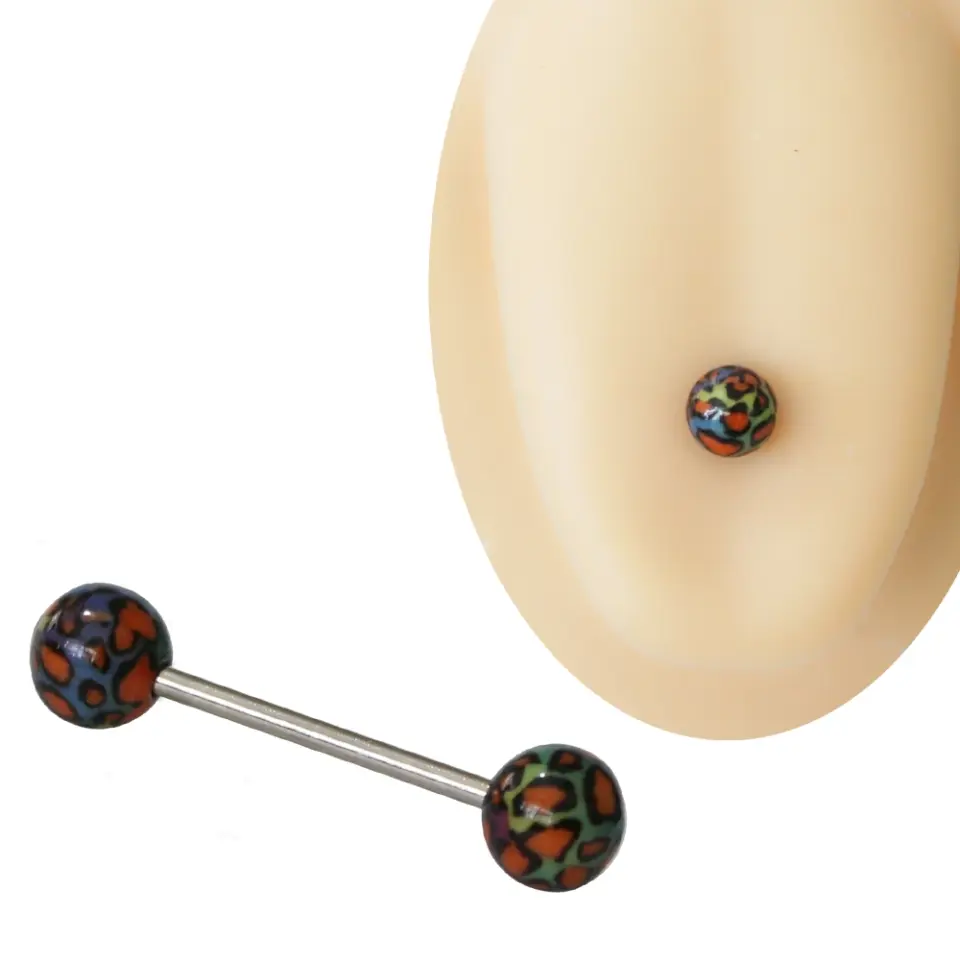 Çok renkli leopar desenli toplara sahip cerrahi çelik bar 1,6 mm 16 mm dil piercingi