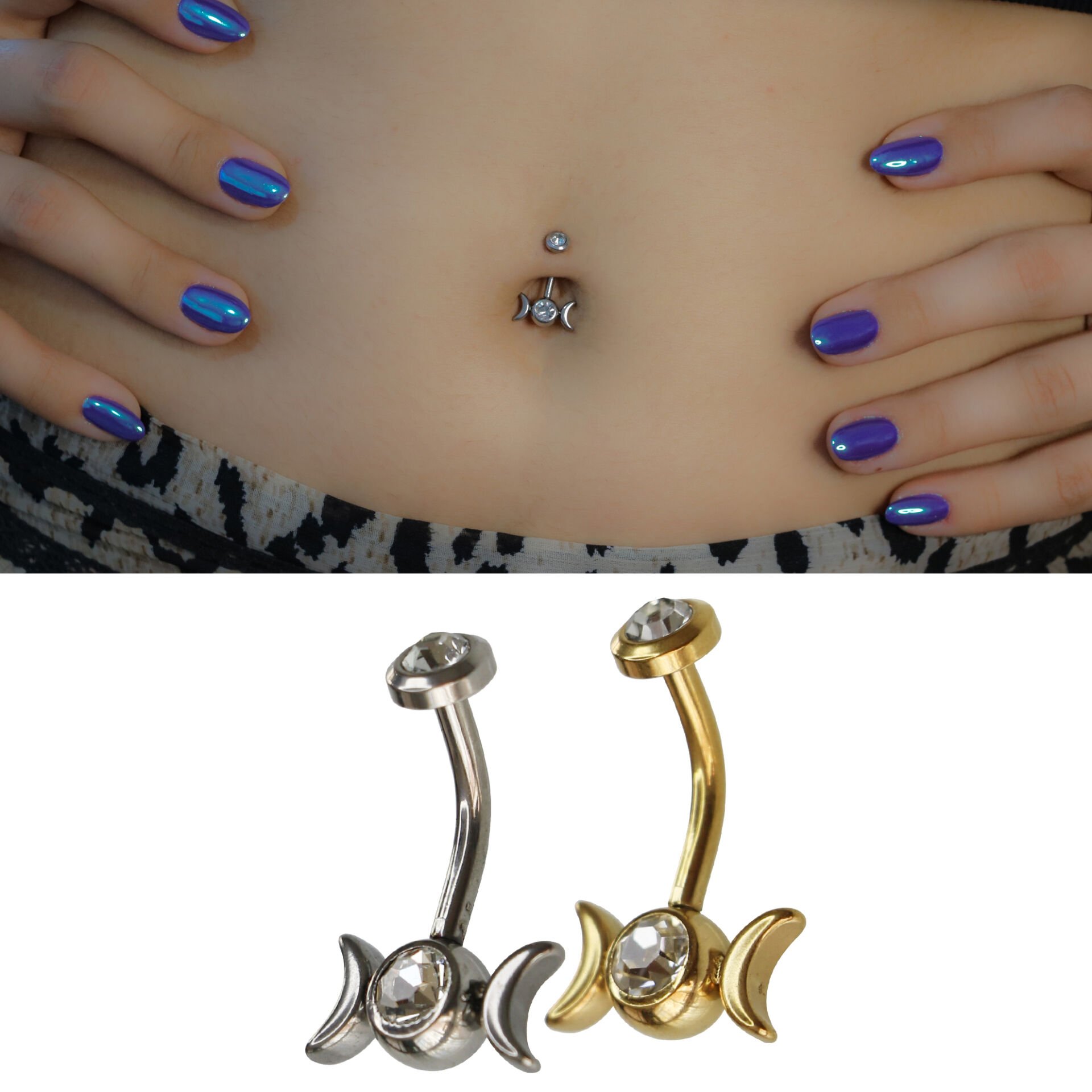 Ay Döngüsü Çelik Göbek Piercing | Çelik & Gold Seçenekli