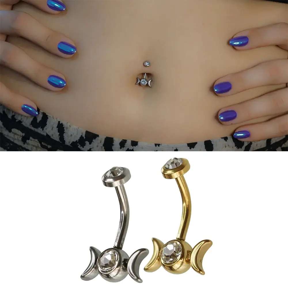 Hekate Üçlü Ay Zirkon 316L Cerrahi Çelik Göbek Piercing Gümüş ve Altın Renkler