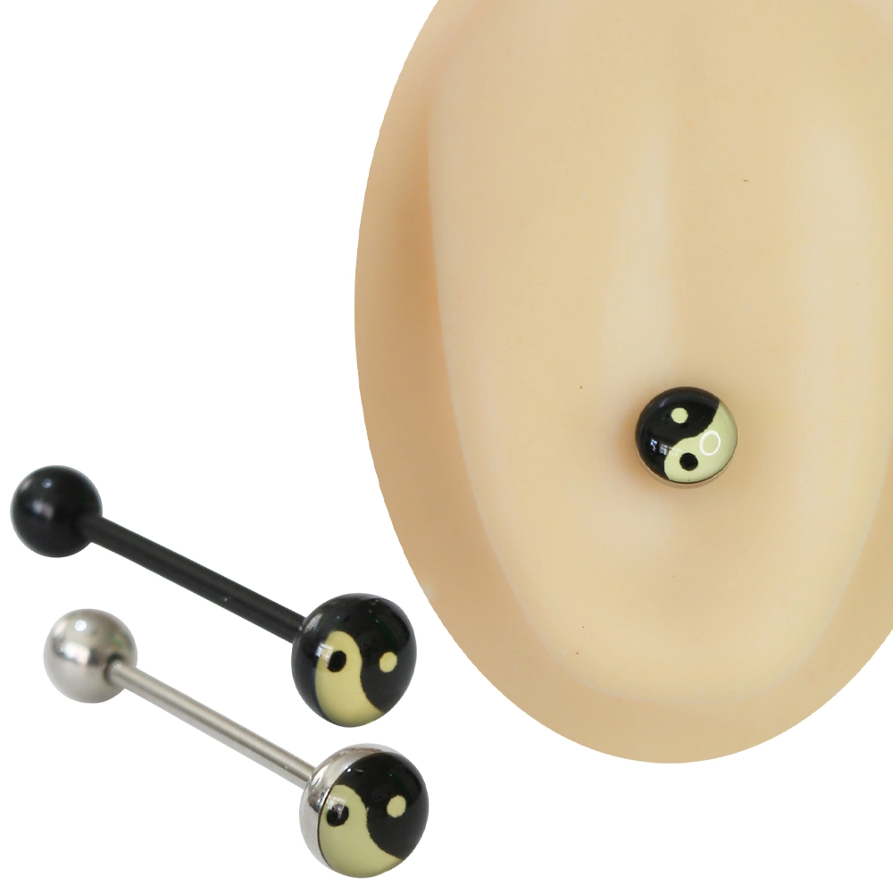 Yin Yang motifli cerrahi çelik ve siyah biyoplast bar seçenekli 1,6 mm 20 mm dil piercingi
