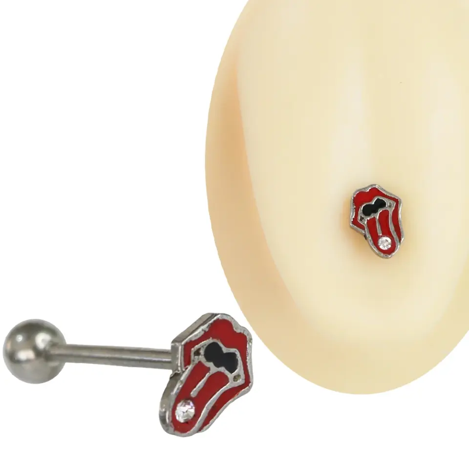 Şeffaf taş detaylı kırmızı dudak ve dil figürlü cerrahi çelik bar 1,6 mm 20 mm dil piercingi