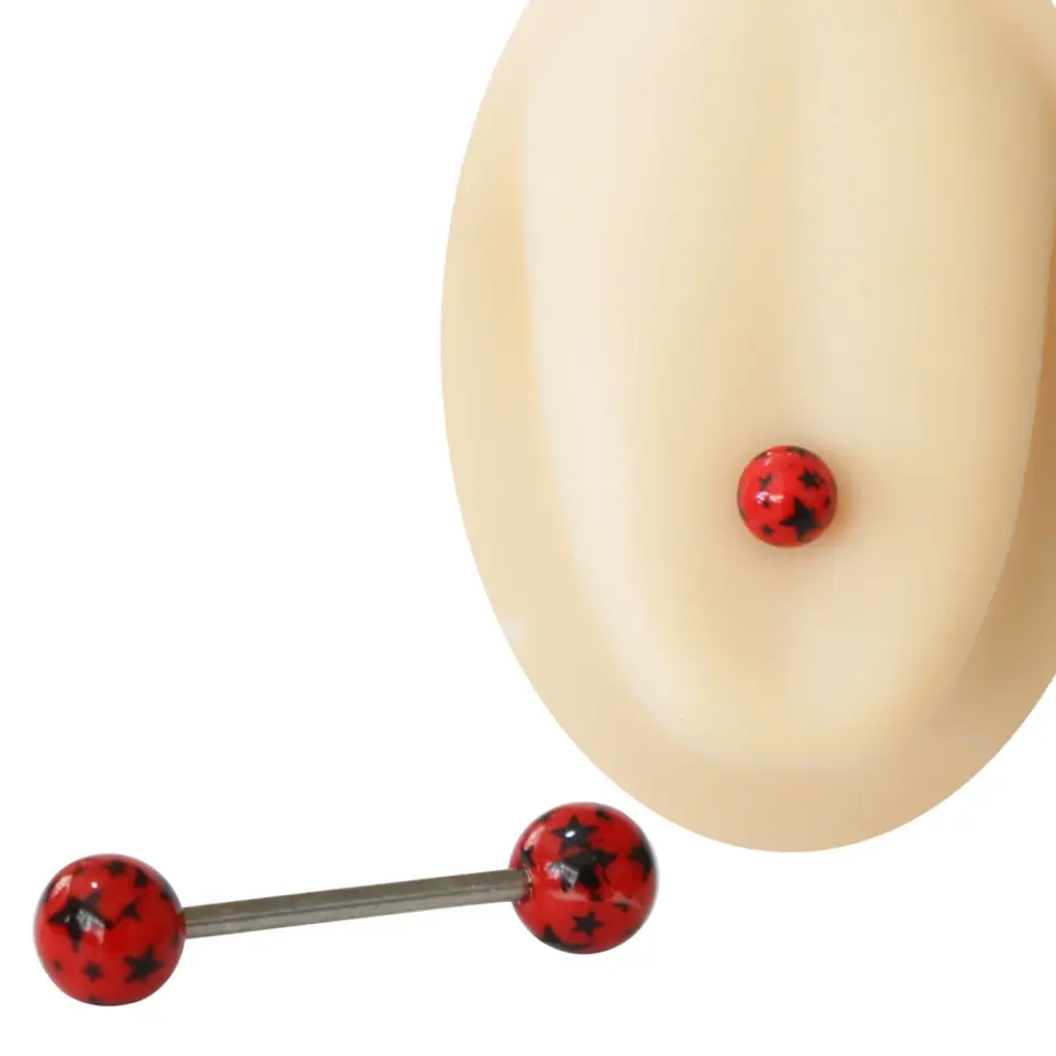 Kırmızı zemin üzerinde siyah yıldız desenli toplara sahip cerrahi çelik bar 1,6 mm 16 mm dil piercingi