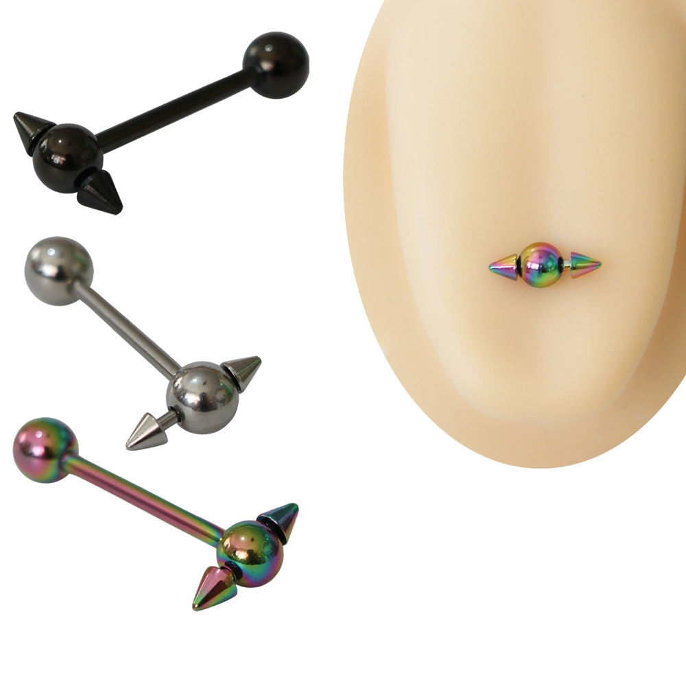 Siyah gümüş ve gökkuşağı renk seçenekli çift spike tasarımlı 1,6 mm 16 mm cerrahi çelik dil piercingi