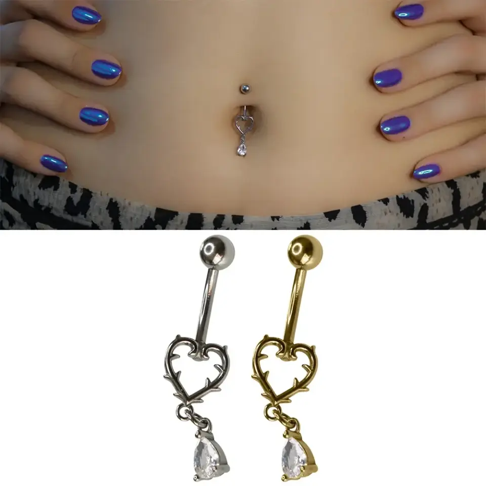 Zircon Tear Heart Damla Taşlı Kalp 316L Cerrahi Çelik Göbek Piercing Renk Seçenekleri