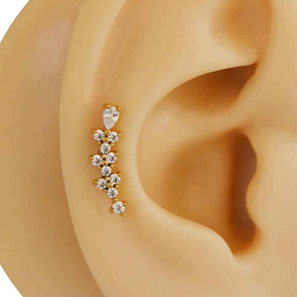 Sıra zirkon taşlı altın renk 316L cerrahi çelik tragus piercing flatback önden görünüm