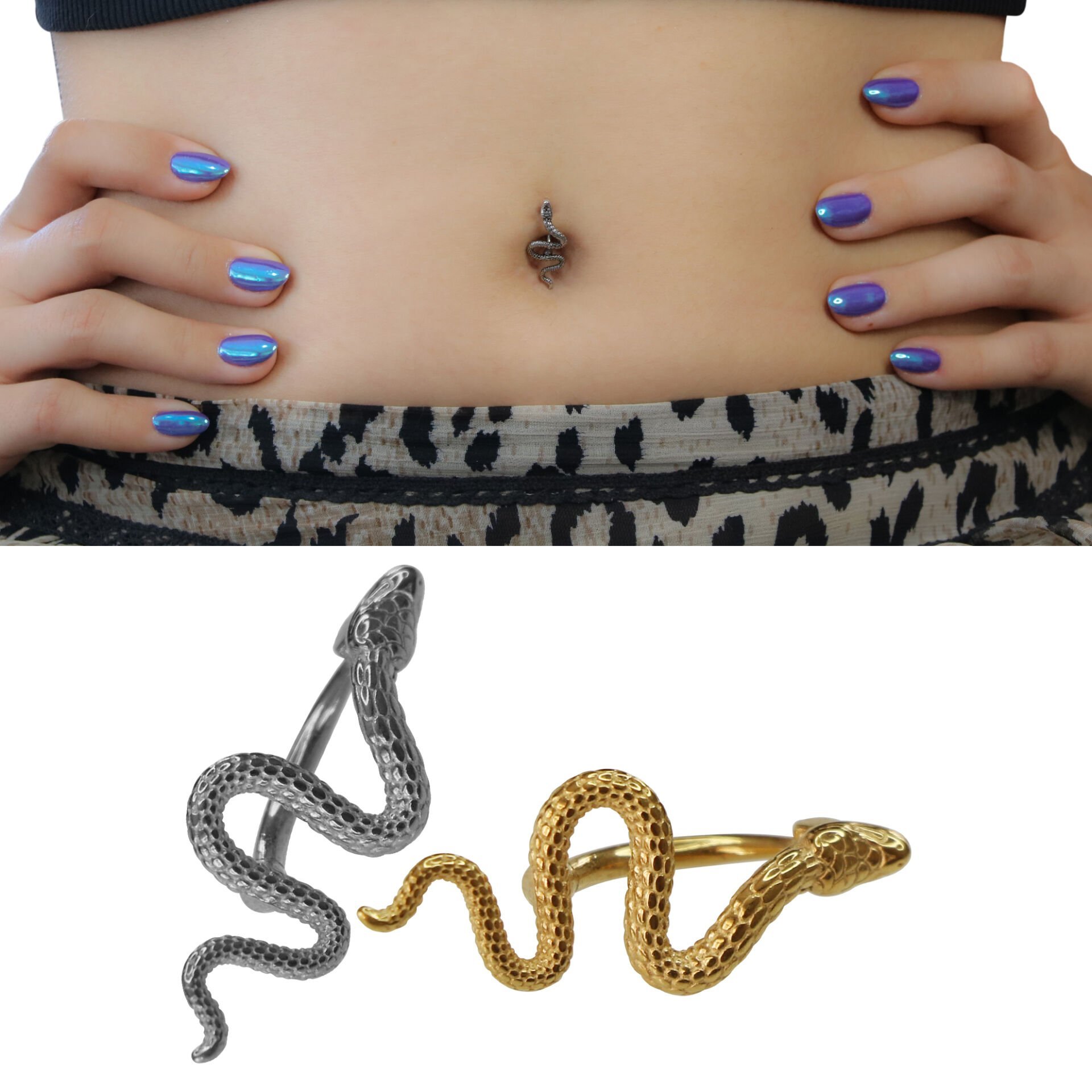 Yılan Çelik Göbek Piercing | Çelik & Gold Seçenekli