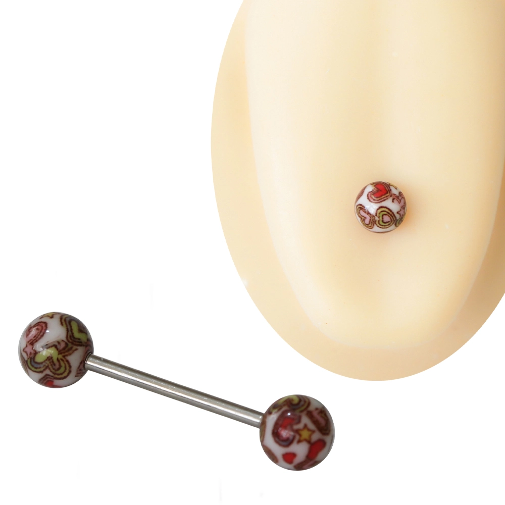 Dil Piercing Kalp - Yıldız Desenli Renkli Cerrahi Çelik Barbell