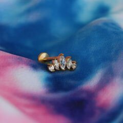Beş Markiz Zirkon 6x1.2mm Gold Çelik Labret Piercing, Tragus-Helix-Kıkırdak