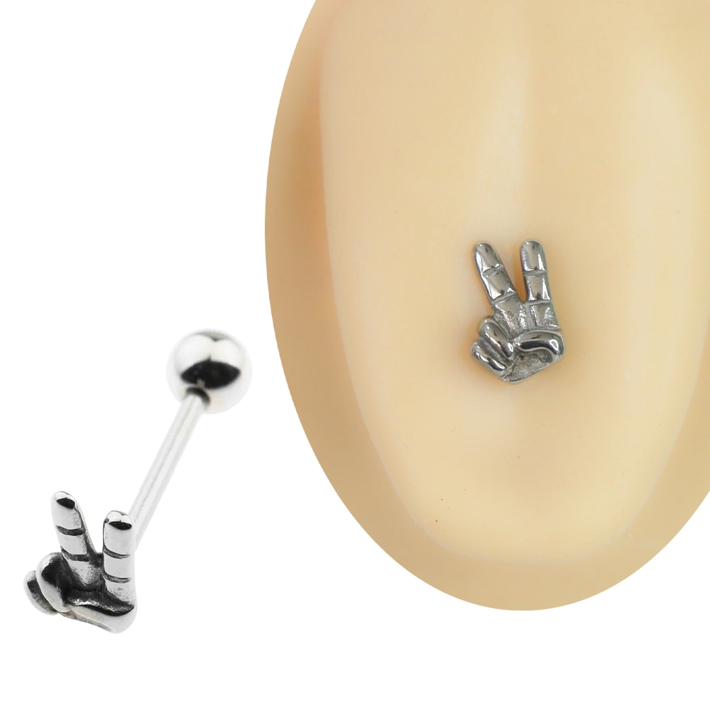 Gümüş renkli zafer ve peace işareti yapan el figürlü 1,6 mm 20 mm cerrahi çelik bar dil piercingi