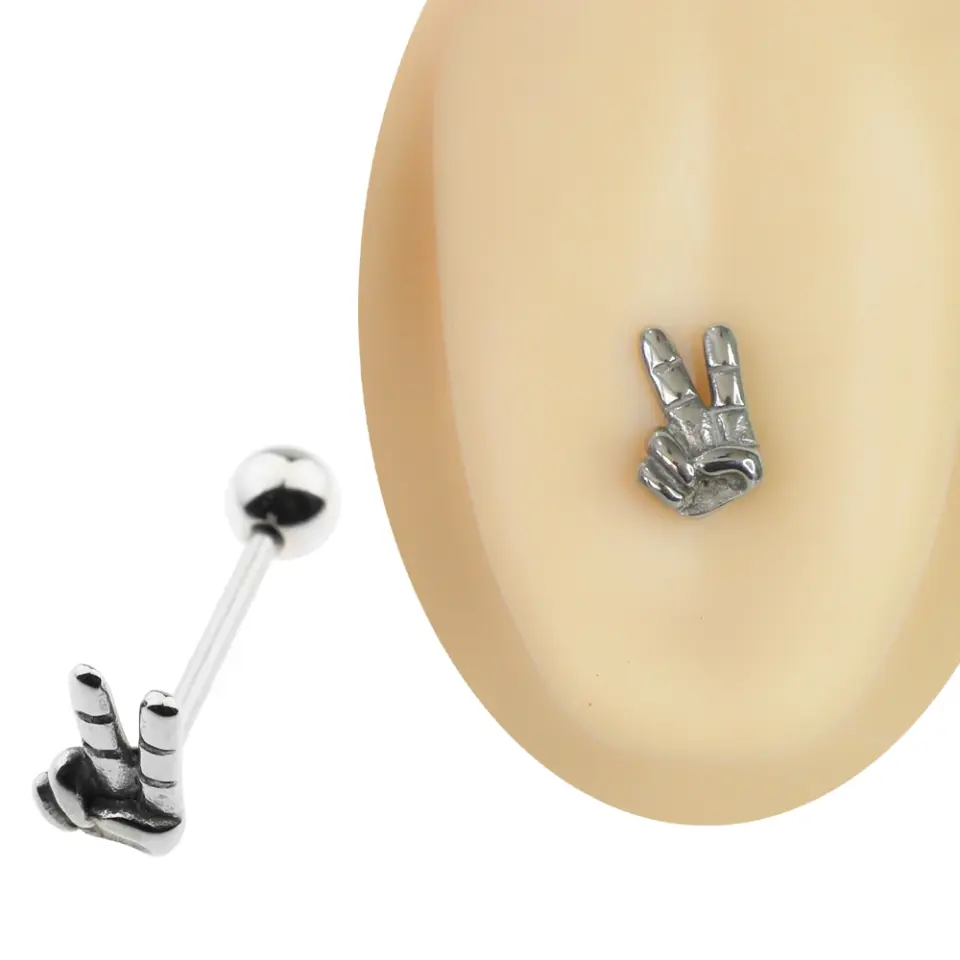 Gümüş renkli zafer ve peace işareti yapan el figürlü 1,6 mm 20 mm cerrahi çelik bar dil piercingi