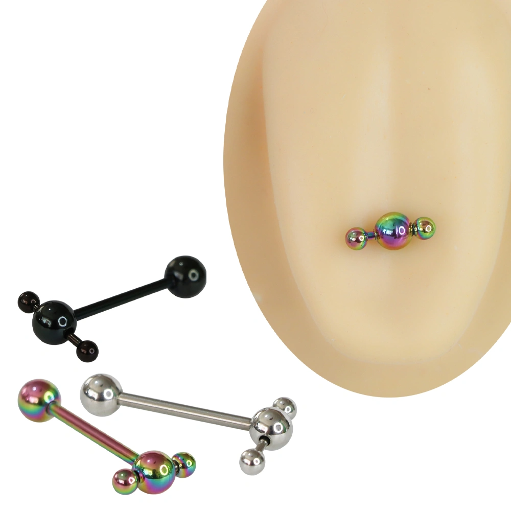 Siyah, gümüş ve gökkuşağı renkli molekül tasarımlı üç toplu 1,6 mm 20 mm cerrahi çelik dil piercingi