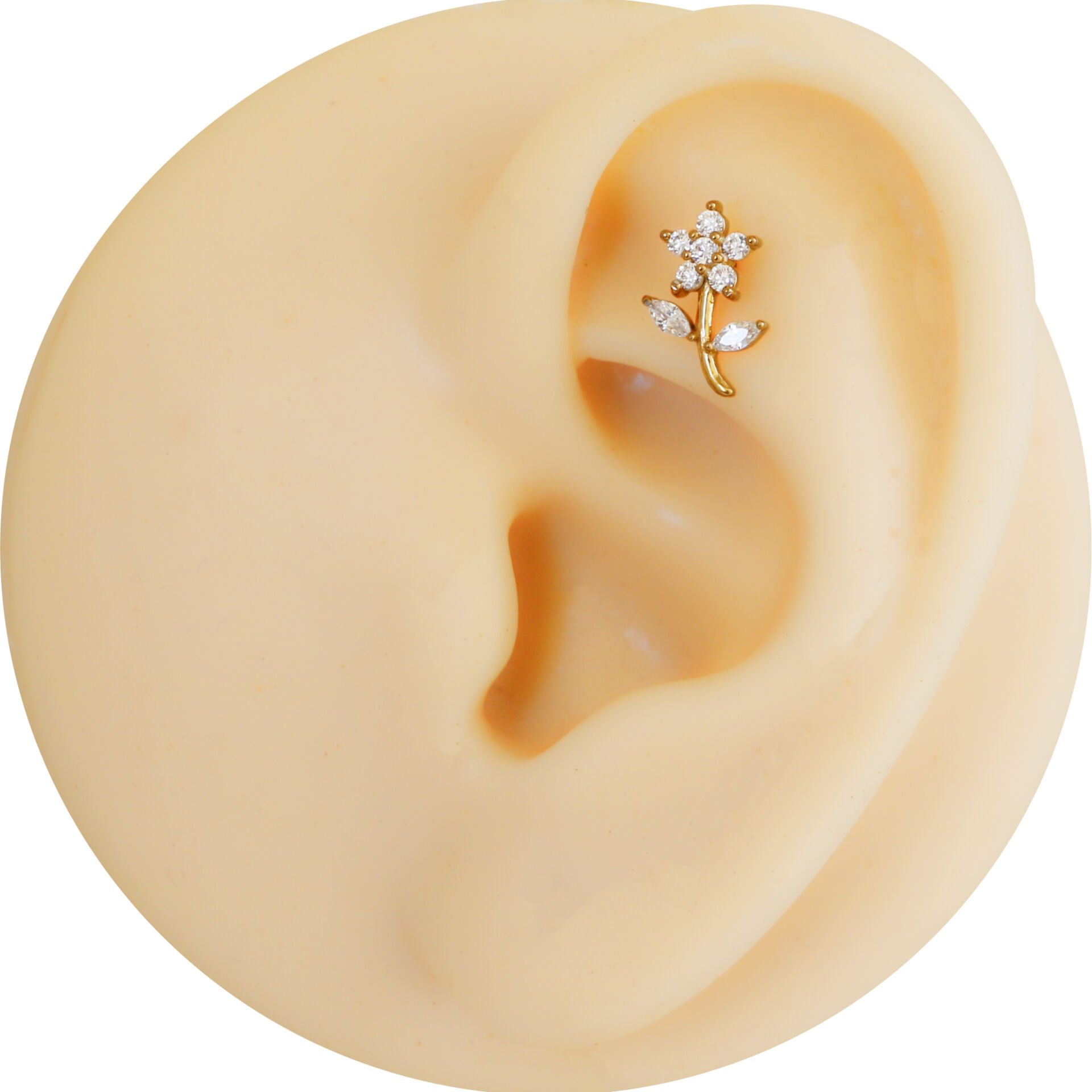 Çiçek Zirkon 6x1.2mm Gold Çelik Labret Piercing, Tragus-Helix-Kıkırdak