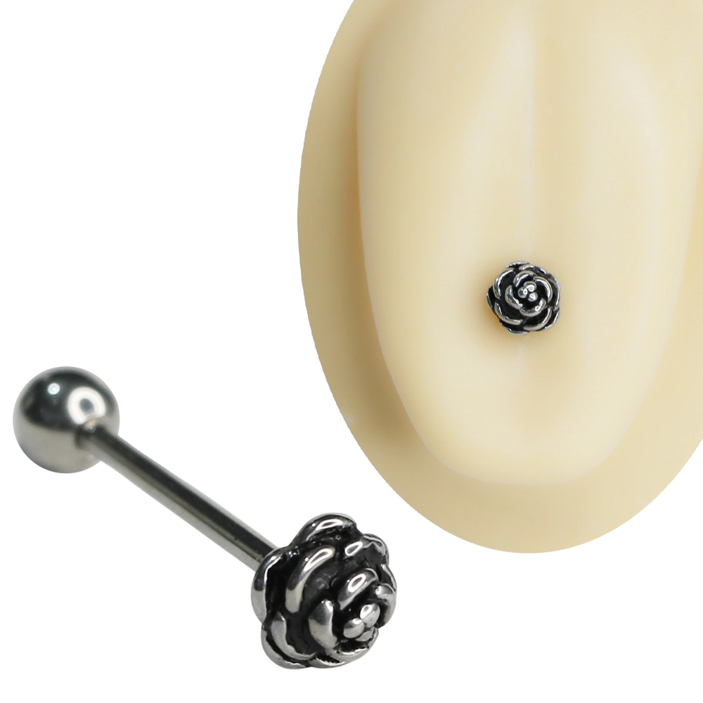 Gül figürlü gümüş renkli cerrahi çelik dil piercingi 1.6 mm 19 mm