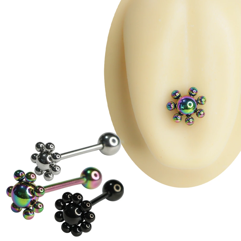 Siyah gümüş ve gökkuşağı renkli çiçek figürlü cerrahi çelik dil piercingi 1.6 mm 15 mm