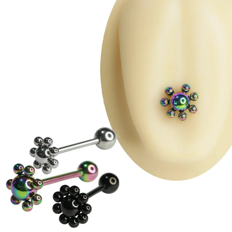 Siyah gümüş ve gökkuşağı renkli çiçek figürlü cerrahi çelik dil piercingi 1.6 mm 15 mm