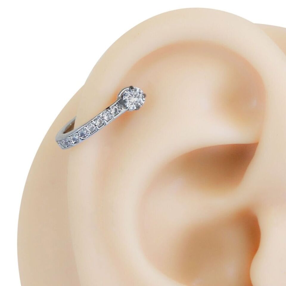 Gümüş Rengi Tek Taş Halka Helix, Kıkırdak Piercing – 316L Çelik