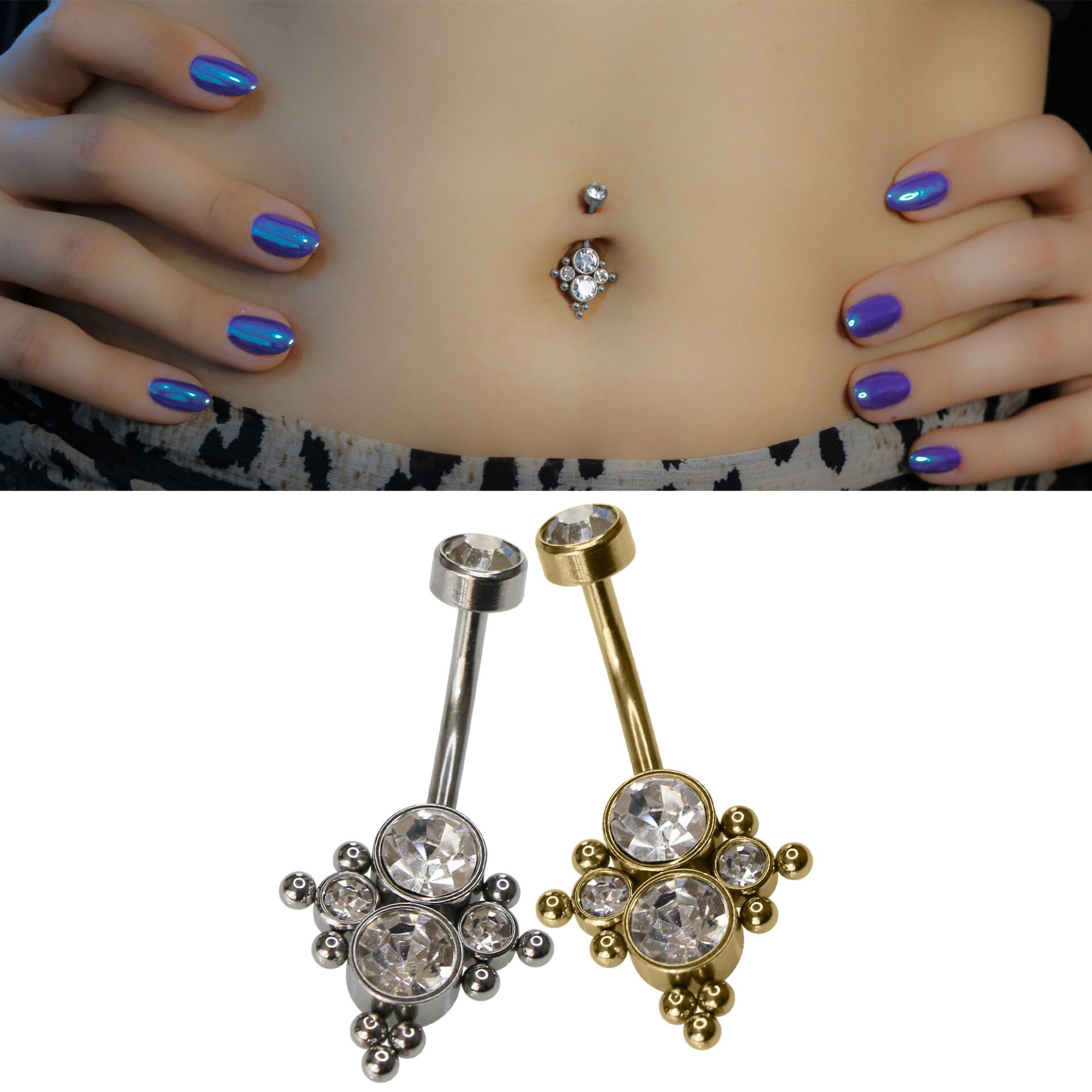 Zirkon Taşlı Çelik Göbek Piercing | Çelik & Gold Seçenekli