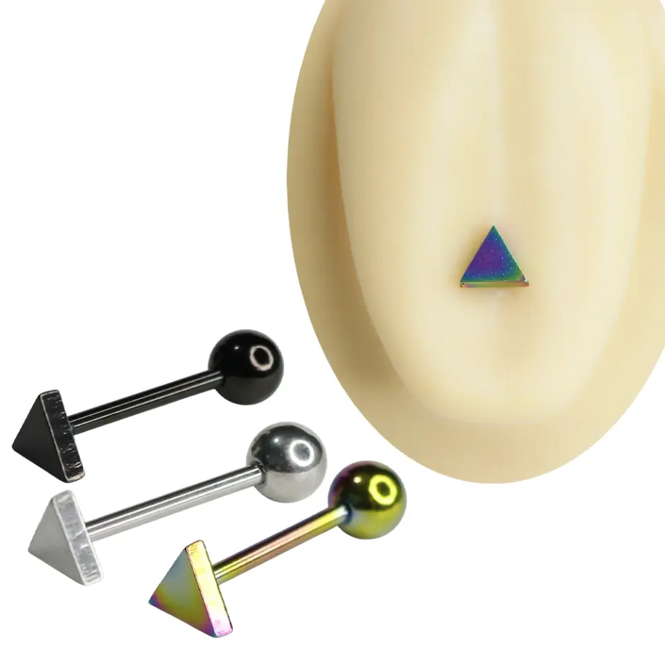 Siyah gümüş ve gökkuşağı renkli üçgen figürlü cerrahi çelik dil piercingi 1.6 mm 16 mm