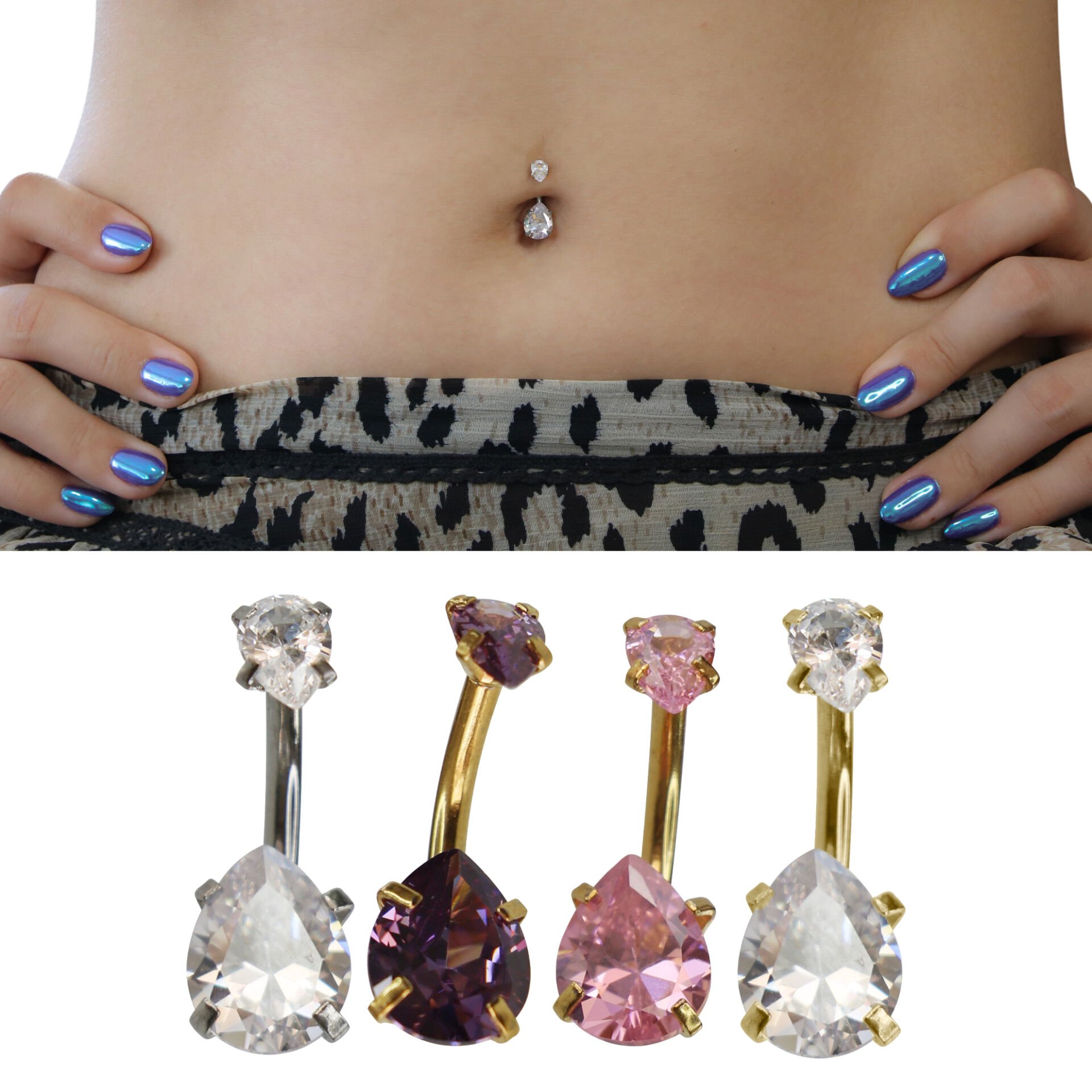 Damla Zirkon Çelik Göbek Piercing | Çelik & Gold Seçenekli
