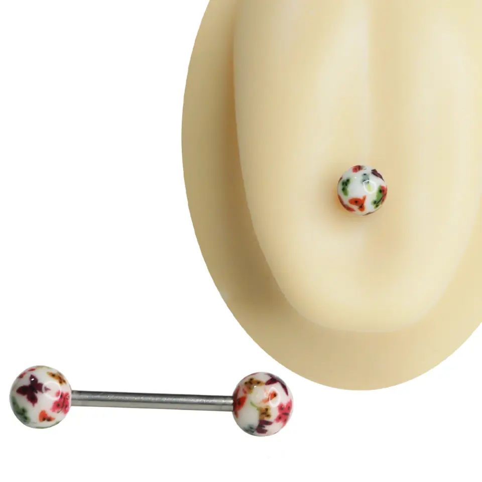 Beyaz zemin üzerine renkli çiçek desenli cerrahi çelik dil piercingi 1.6 mm 16 mm