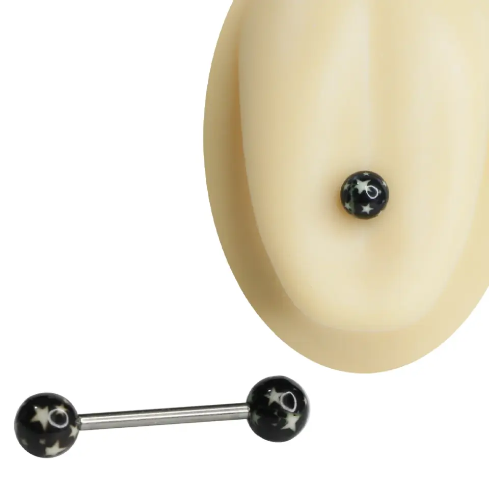 Siyah zemin üzerine açık renk yıldız desenli cerrahi çelik dil piercingi 1.6 mm 16 mm