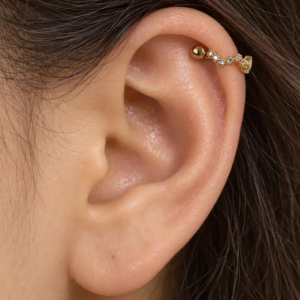 Zirkon taş dizilimli altın helix, kıkırdak piercing