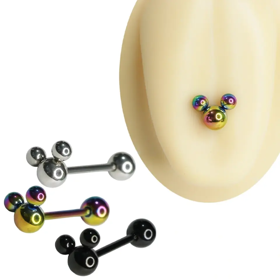 Siyah gümüş ve gökkuşağı renk seçenekli Mickey görünümlü cerrahi çelik dil piercingi 1.6 mm 15 mm