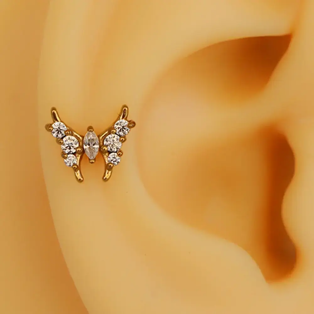 Altın renkli zirkon taşlı kelebek figürlü 316L cerrahi çelik tragus piercing flatback