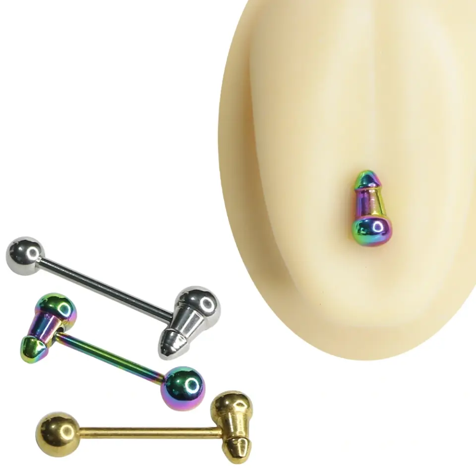 Sarı gümüş ve gökkuşağı renklerinde mermi figürlü cerrahi çelik dil piercingi 1.6 mm 16 mm