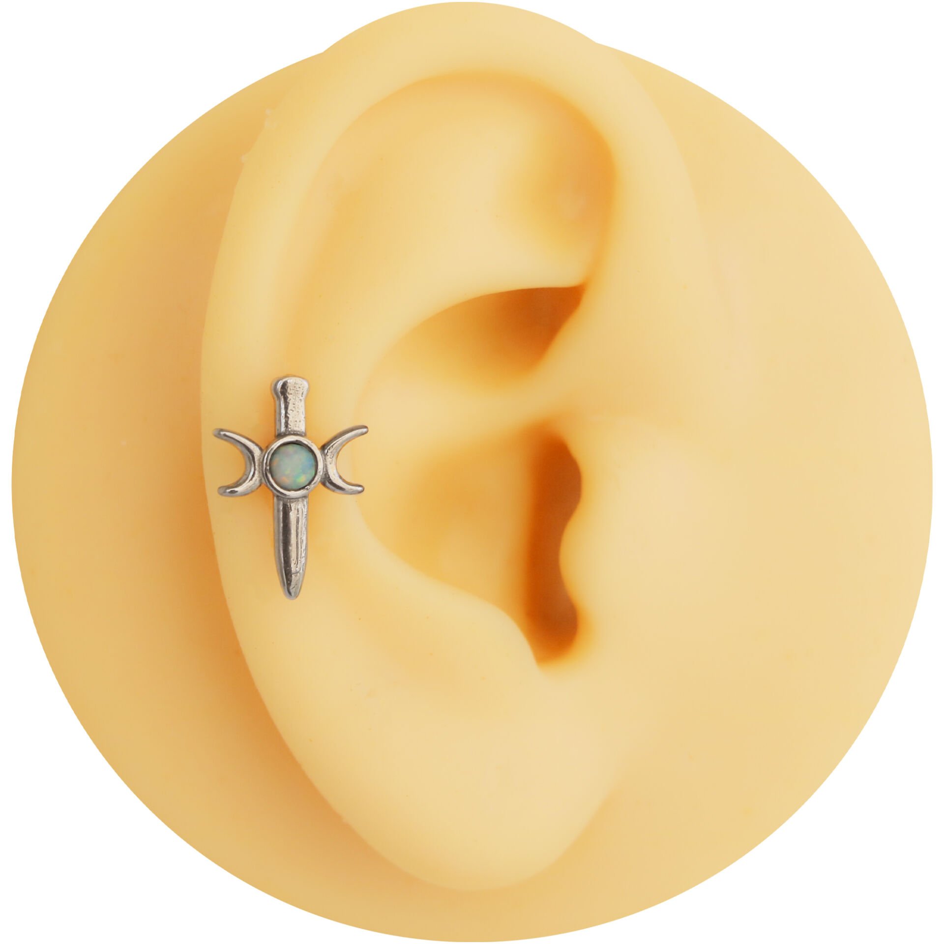Opal Taşlı Kılıç Ay 7x1.2mm Çelik Labret Piercing, Tragus-Helix-Kıkırdak