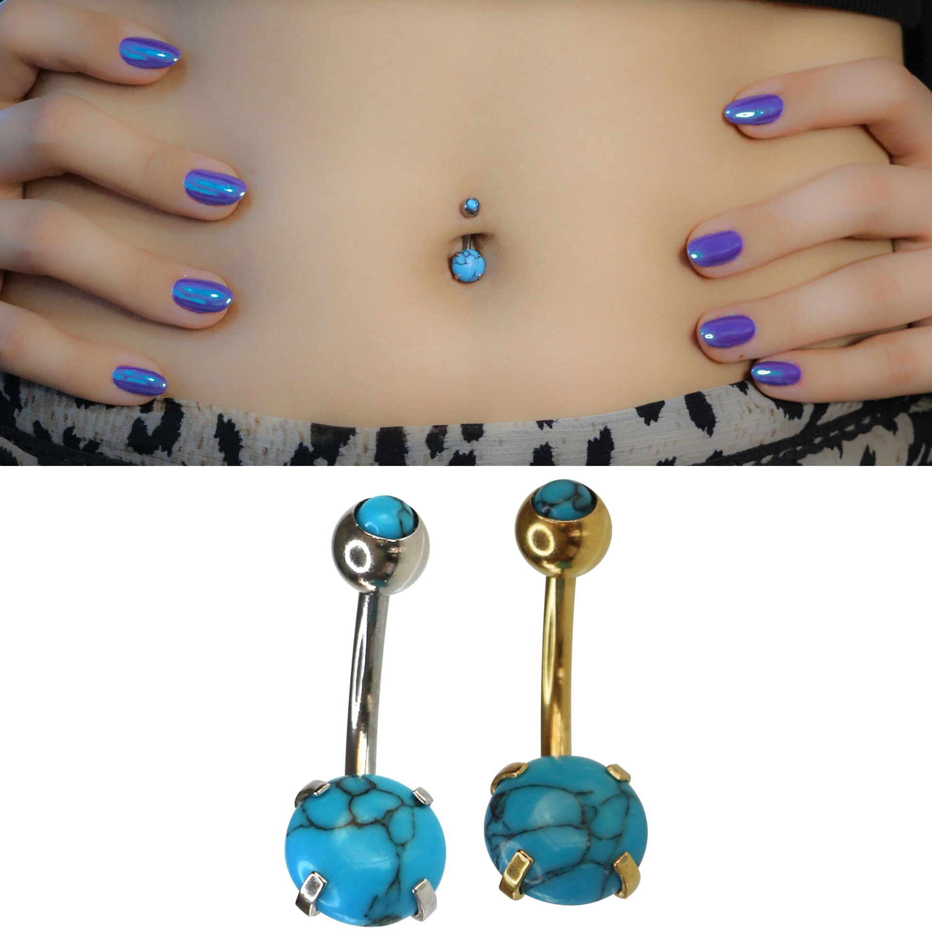Turkuaz Taş Çelik Göbek Piercing | Çelik & Gold Seçenekli