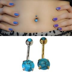 Turkuaz Taş Çelik Göbek Piercing | Çelik & Gold Seçenekli