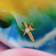 Opal Taşlı Kılıç Ay 7x1.2mm Gold Çelik Labret Piercing, Tragus-Helix-Kıkırdak