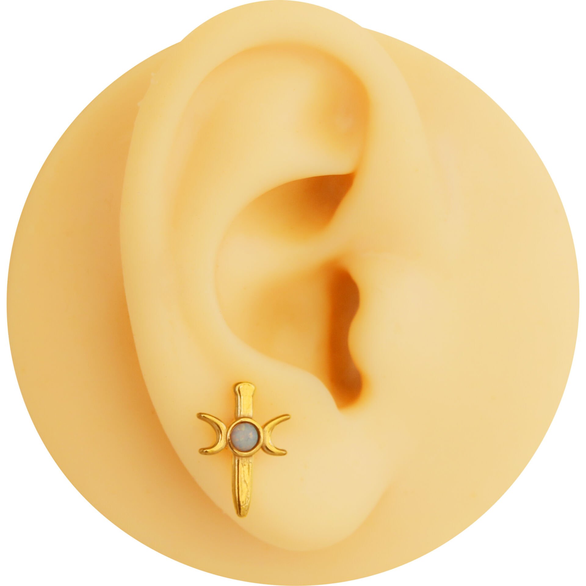 Opal Taşlı Kılıç Ay 7x1.2mm Gold Çelik Labret Piercing, Tragus-Helix-Kıkırdak