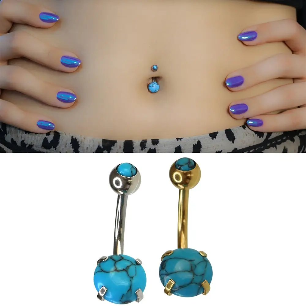 Turkuaz Taş Model 316L Cerrahi Çelik Göbek Piercing Altın ve Gümüş Renk Seçenekleri