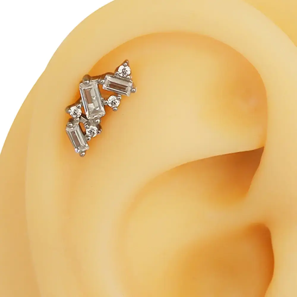 Kare kesim zirkon taşlı gümüş piercing 316L medikal çelik flatback detay