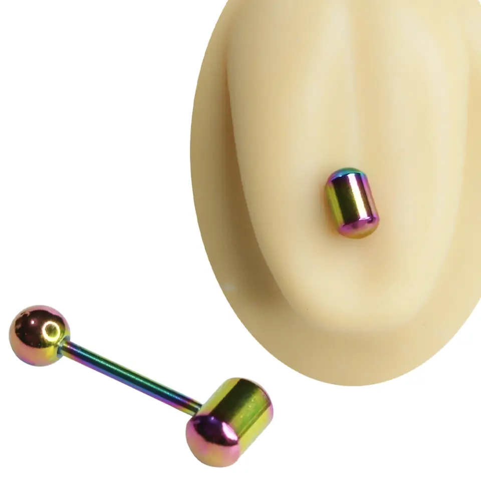 Gökkuşağı renk yansımalı, silindir (kapsül) uçlu cerrahi çelik dil piercingi ve 1,6 mm x 16 mm ölçülerindeki dil barı görseli.