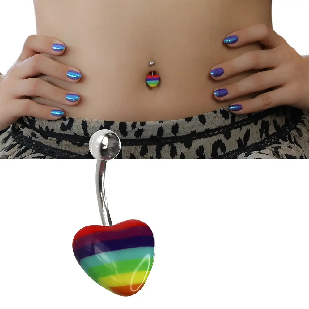 Rainbow Heart Model Gümüş Renk 316L Cerrahi Çelik Göbek Piercing Genel Görünüm