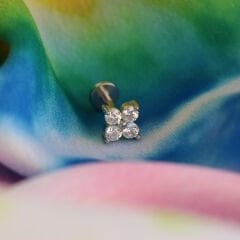 Çiçek Dört Zirkon 6x1.2mm Çelik Labret Piercing, Tragus-Helix-Kıkırdak