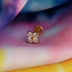 Çiçek Dört Zirkon 6x1.2mm Gold Çelik Labret Piercing, Tragus-Helix-Kıkırdak
