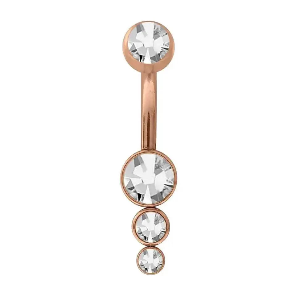1,6 mm Kalınlığında Üç Taşlı Sarkıt Cerrahi Çelik Rose Renk Göbek Piercing