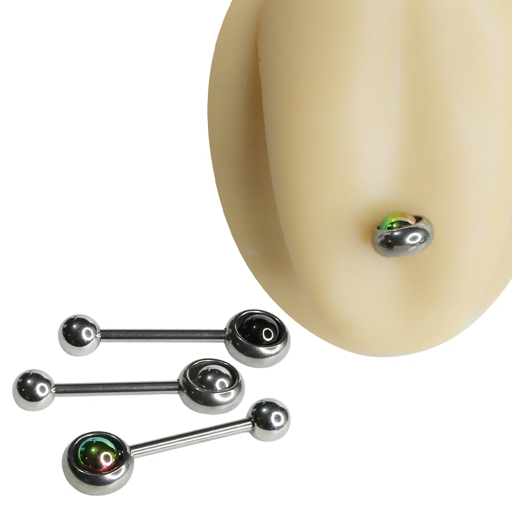 dairesel metal çerçeveli ve içinde gümüş, siyah ile gökkuşağı top seçenekleri bulunan 1,6 mm x 15 mm toplu dil piercingi